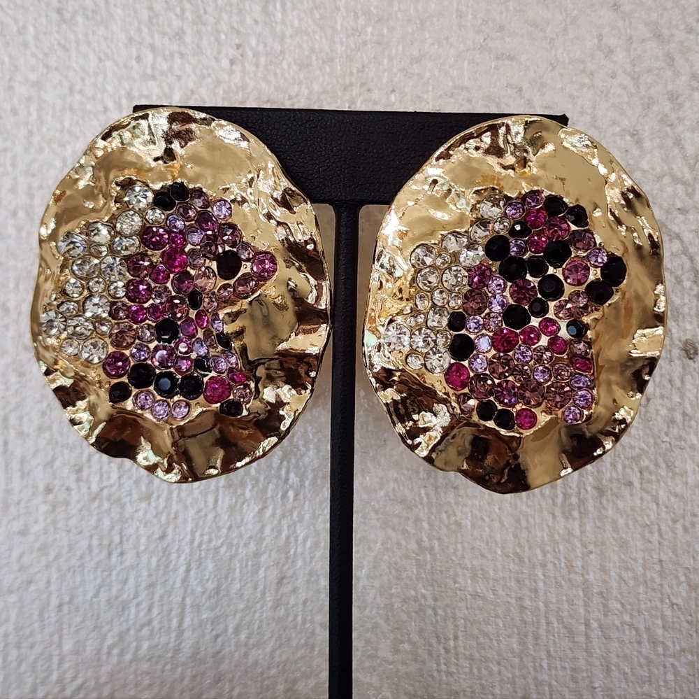 Oval Rhinestone Stud Gold texture and Purple Statement Earrings